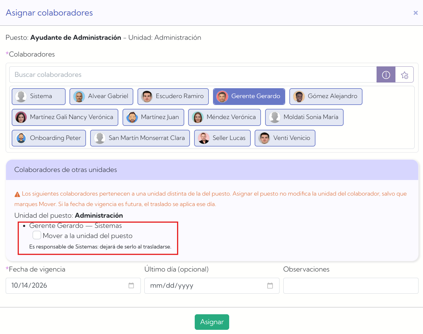 Asignación de colaboradores de otras unidades