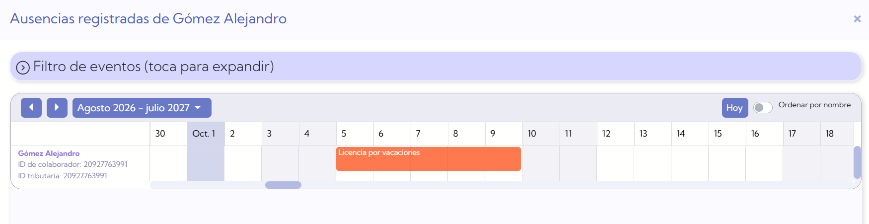 Calendario de ausencias del colaborador